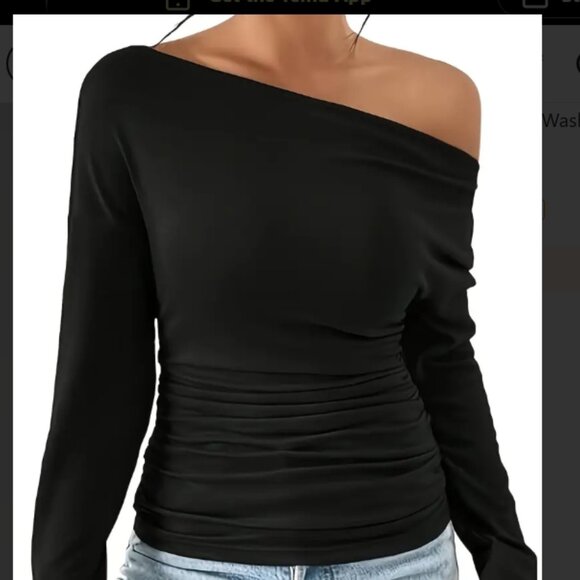 NEW Women's Black Off-Shoulders or Drop-Shoulder Shirt with Runched Waist - Picture 4 of 4